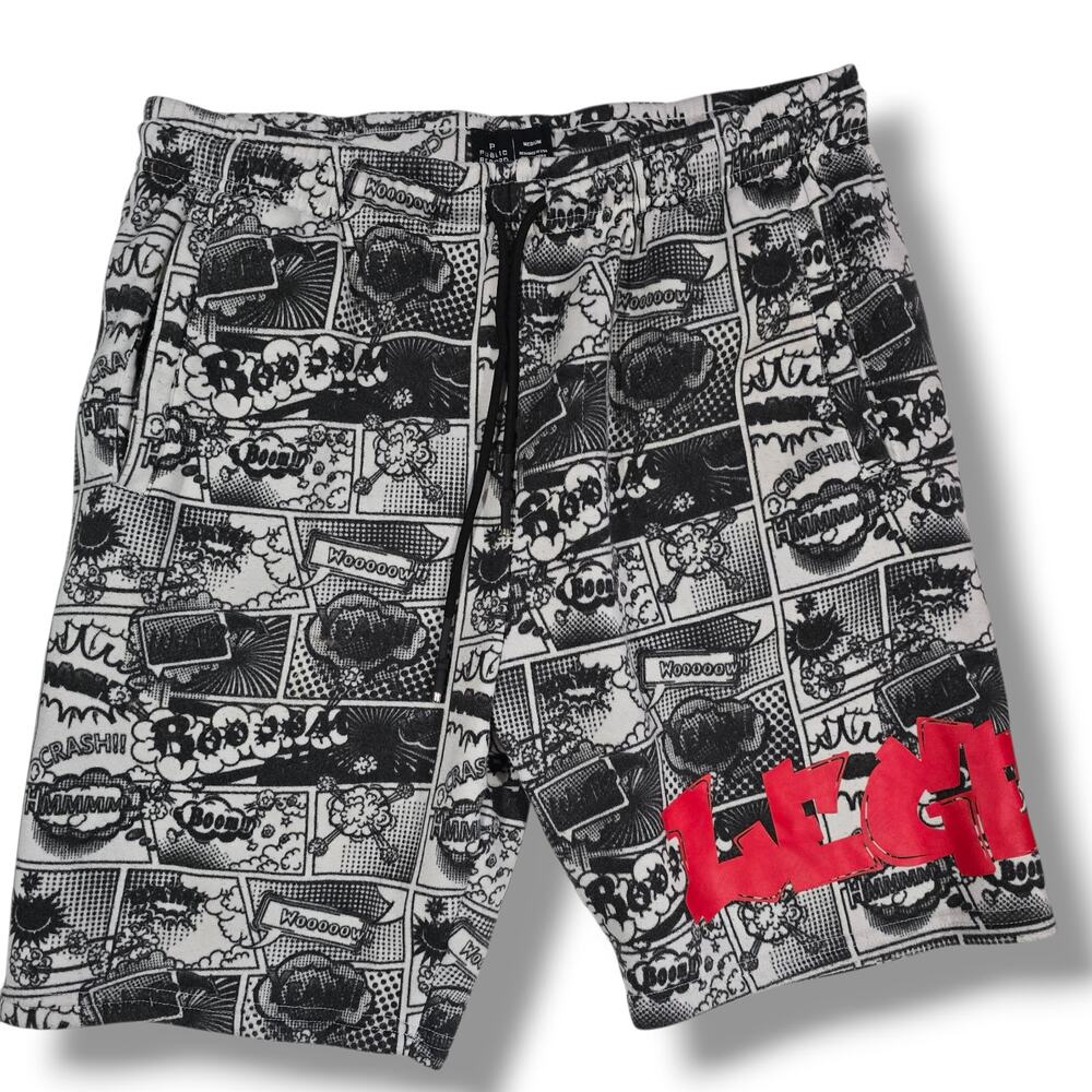 Public Record Comic Print Lounge Shorts Drawstring Waist Men’s Medium 7” Inseam